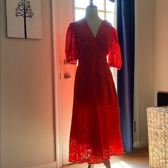 Maggy London Red Puff Sleeve Midi Dress - Picture 2 of 5